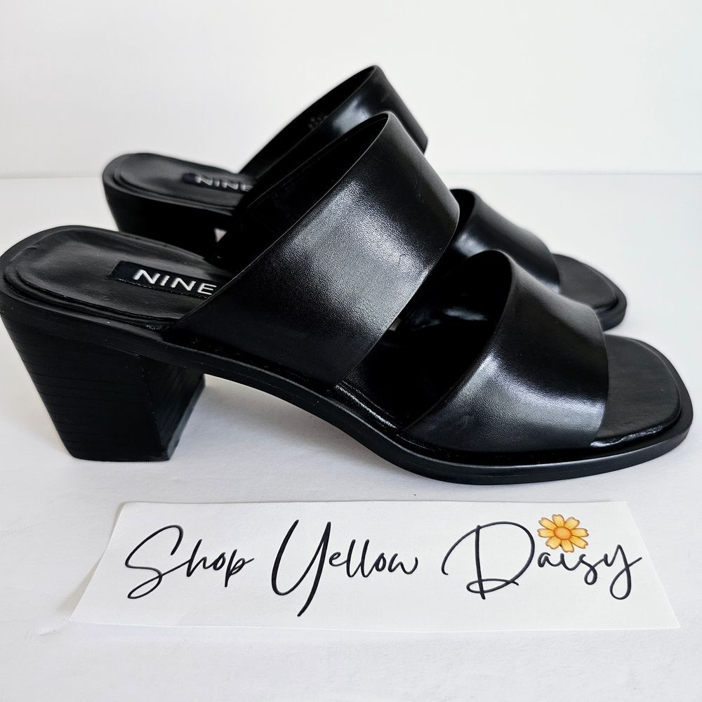 Nine West Prattle‎ 2 Strap Womens Leather Sandal Black Block Heel Sz 6.5~Sh247.2